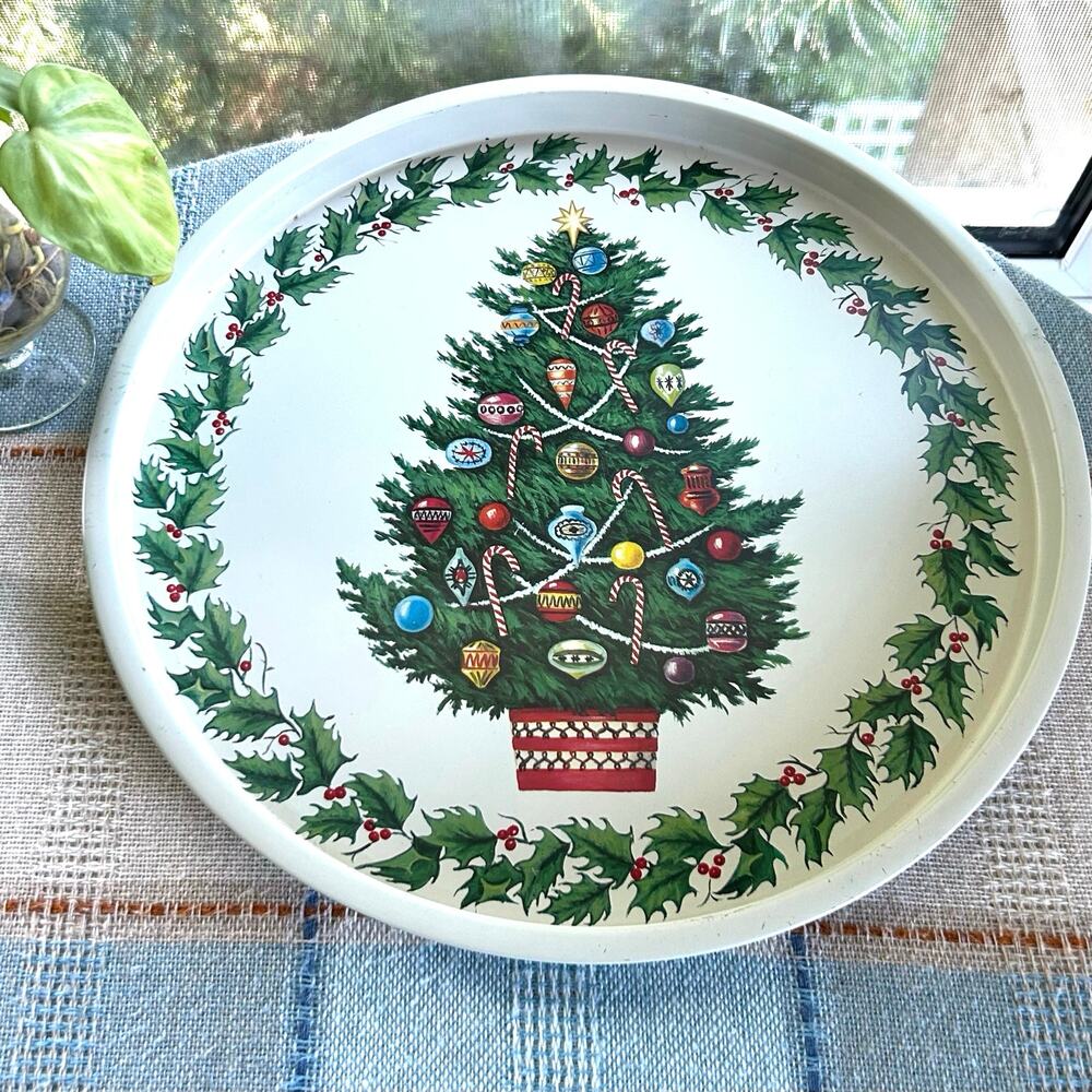Vintage Christmas Tree Metal Serving Tray – 13” Holiday Barware Decor